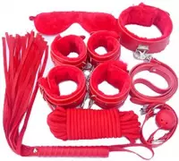 BDSM set - 7-delige bondage set - Oogmasker - Pols- en enkelboeien - Lederen zweep - Bondage touw 5 meter - Mondknevel - Soft bondage set - Rood - Discreet verpakt