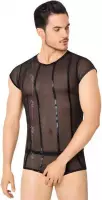 Wetlook heren -shirt en slip met netstof details- zwart XL