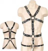 ZADO – Lederen Bondage Body Harnas met 3 Metalen Penis en Testikel Ringen Stoer en Onderdanig Maat L/XL - Zwart