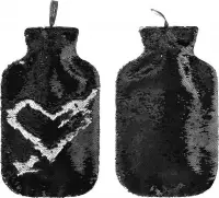 2x Zwarte/zilveren kruik met omkeerbare pailletten 2 liter - Kruiken - Glitter pailletten hoes - Warmwaterkruik met hoes/kruikenzak