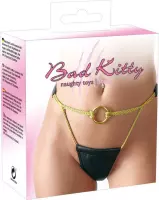 Bad Kitty – Kunstlederen String met Gouden Kenmerken en Compartiment voor Bondage Accessoire - Zwart