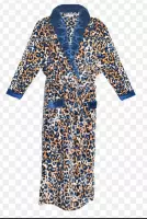 Dames badjas fleece met panterprint L 38-40 blauw/bruin