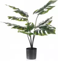 Groene Monstera/gatenplant kantoor kunstplant 60 cm in zwarte pot - Kantoorplanten/kunstplanten/nepplanten