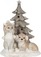 Clayre & Eef Kerstdecoratie Beeld Honden en kat 11*9*15 cm LED Wit, Grijs Kunststof Decoratief Figuur Decoratieve Accessoires Kerstdecoratie voor Binnen