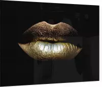 Gouden vrouwelijke lippen op zwarte achtergrond - Foto op Plexiglas - 90 x 60 cm