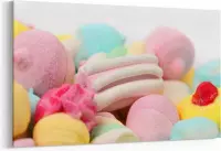 Schilderij - Verschillende kleurrijke marshmallow snoepjes — 90x60 cm