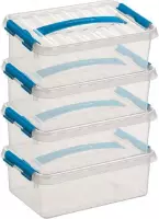 8x Sunware Q-Line opberg boxen/opbergdozen 4 liter 30 x 20 x 10 cm kunststof - platte/smalle opslagbox - Opbergbak kunststof transparant/blauw