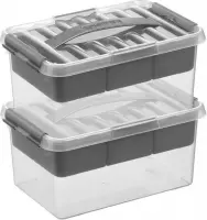 2x Sunware Q-Line opberg boxen/opbergdozen met vakverdeling/vakken tray 6 liter 30 x 20 x 14 cm kunststof - Gereedschapskist - Opslagbox - Opbergbak kunststof transparant/zilver