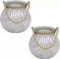 Set van 2x stuks glazen ronde vaas/vazen 2 liter met touw hengsel/handvat 14,5 x 14,5 cm - 2000 ml - Bloemenvazen van glas