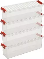 4x Sunware Q-Line opberg boxen/opbergdozen 1,3 liter 27 x 8,4 x 9 cm kunststof - Langwerpige/smalle opslagbox - Opbergbak kunststof transparant/rood