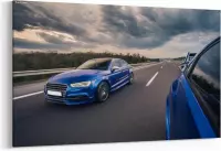 Schilderij - Blue sport cars racing on the highway — 100x70 cm