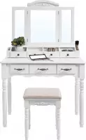 Klassieke Make-Up Cosmetica Visagie Tafel Met 3 Spiegels - Meisjes Toilettafel Kaptafel Met Spiegel Stoel Kruk - Luxe Opmaaktafel Hout - Wit