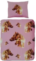 Paarden Dekbedovertrek - Flanel - Eenpersoons - 135x200 cm - Roze