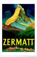 JUNIQE - Poster Vintage Zwitserland Zermatt -20x30 /Blauw & Groen