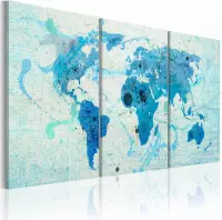 Schilderij - Wereldkaart - Continenten zoals Oceanen, Blauw,  3luik , premium print op canvas