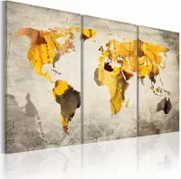 Schilderij - Wereldkaart - Zonnige Continenten, Geel/Grijs, 3luik , premium print op canvas