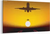 Schilderij - Vliegtuig over landingsbaan bij zonsondergang — 100x70 cm
