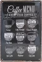 Wandbord – Coffee Menu – Koffie menu - Vintage - Retro -  Wanddecoratie – Reclame bord – Restaurant – Kroeg - Bar – Cafe - Horeca – Metal Sign - 20x30cm