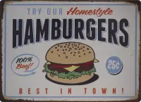 Wandbord – Hamburger – Best in town - Vintage - Retro -  Wanddecoratie – Reclame bord – Restaurant – Kroeg - Bar – Cafe - Horeca – Metal Sign - 30x40cm