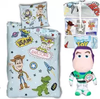 Toy Story dekbedovertrek - 1persoons 140x200 - dubbelzijdig- 100% polyester, incl. Toy Story 4 - Buzz Lightyear 36cm Pluche met (Spaans) geluid