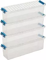 4x Sunware Q-Line opberg boxen/opbergdozen 1,3 liter 27 x 8,4 x 9 cm kunststof - Langwerpige/smalle opslagbox - Opbergbak kunststof transparant/blauw