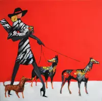 Schilderij modern uitlaat hondjes 80 x 80 Artello - handgeschilderd schilderij met signatuur - schilderijen woonkamer - wanddecoratie - 700+ collectie Artello schilderijenkunst
