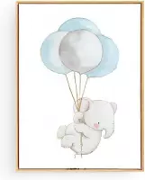 Postercity - Design Canvas Poster Olifantje met Ballonnen / Kinderkamer / Dieren Poster / Babykamer - Kinderposter / Babyshower Cadeau / Muurdecoratie / 50 x 40cm