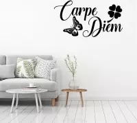 Muursticker Carpe Diem Met Vlinder En Klavertje Vier -  Lichtbruin -  120 x 60 cm  -  woonkamer  slaapkamer  engelse teksten  alle - Muursticker4Sale