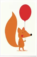 JUNIQE - Poster Fox with a Red Balloon -40x60 /Oranje & Rood