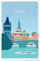 JUNIQE - Poster Retro Praag -40x60 /Blauw & Turkoois