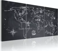 Schilderij - Wereldkaart - Globetrotter, Krijtbord Look, Zwart-Wit, 3luik , premium print op canvas