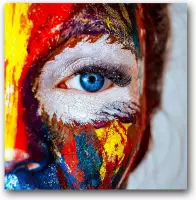 MN Collections - Schilderij - Face Photography. - Wit, Blauw, Geel En Rood - 80 X 80 Cm