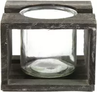 theelichthouder 12 cm hout/glas grijs/transparant