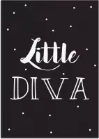 DesignClaud Little Diva - Tekst poster - Zwart wit poster A3 + Fotolijst wit