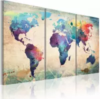 Schilderij - Wereldkaart - Geschilderd met Aquarellen, Multi-gekleurd, 3luik ,premium print op canvas