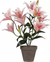 Roze Tigerlily/tijgerlelie kunstplant 47 cm in grijze plastic pot - Kunstplanten/nepplanten