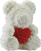 Teddy Beer - Rozen| Roos | Bloemen |Valentijn | Valentijnsdag | Valentijn cadeau |Liefde | Verkering |Wit met Rood| 40CM | Babyshower | Baby | Geboorte | Meisje | Inclusief Giftbox