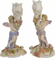 Kandelaar romantisch - Engel met bloemen - Set van 2, porselein - 23 cm hoog