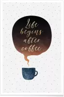 JUNIQE - Poster Life Begins After Coffee -30x45 /Blauw & Bruin