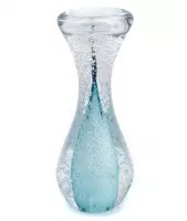 Glazen urn. Asbestemming. "Stardust" kaarsenstandaard Tiffany blauw. Afmeting 19 cm.