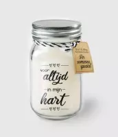 Kaars - Voor altijd in mijn hart - Lichte vanille geur - In glazen pot - In cadeauverpakking met gekleurd lint