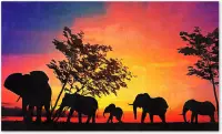 Graphic Message - Schilderij op Canvas - Olifanten Zonsondergang - Olifant Silhouette - Woonkamer