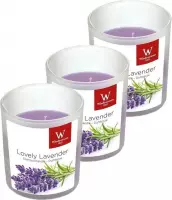 3x Geurkaarsen lavendel in glazen houder 25 branduren - Geurkaarsen lavendel geur - Woondecoraties