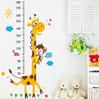 Giraffe met aap meetlat muursticker voor kinderkamer | 180x88cm |