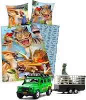 Herding- dekbedovertrek Dinosaur Selfies- 140x200- katoen- dubbelzijdig- ritssluiting- Dino's, incl. Speelgoed Dino Transport.