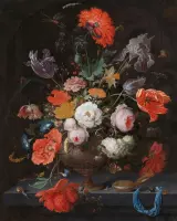 Wanddecoratie / Schilderij / Poster / Doek / Schilderstuk / Muurdecoratie / Fotokunst / Tafereel Stilleven met bloemen en een horloge - Abraham Mignon gedrukt op Dibond