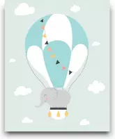 Schilderij  Olifant in een Luchtballon Groen - Kinderkamer - Dieren Schilderij - Babykamer / Kinder Schilderij - Babyshower Cadeau - Muurdecoratie - 40x30cm - FramedCity
