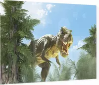 Dinosaurus T-Rex in zonnig woud - Foto op Plexiglas - 60 x 40 cm