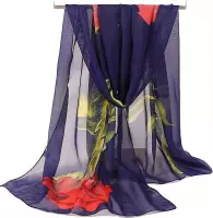 Chiffon sjaal - Donker blauw met roos - 160x50CM Omslagdoek