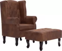 Chesterfield fauteuil en voetenbank imitatie suède bruin